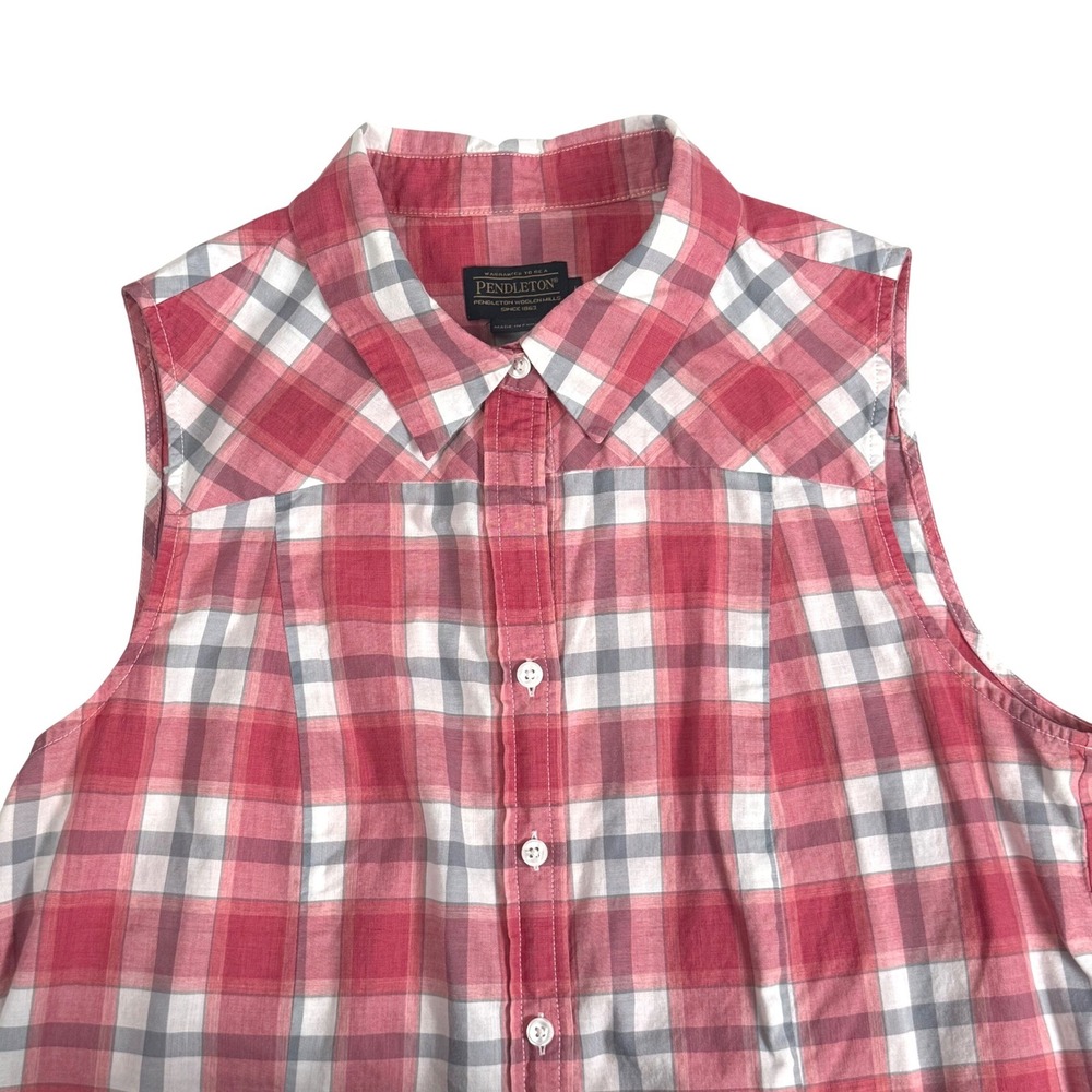 Pendleton Sleeveless Button Down Shirt Plaid Cherry Pink Pockets Womens Large